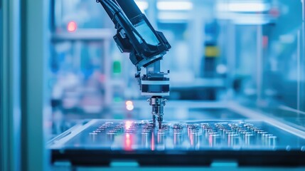 Poster - Industrial robotic arm assembling mechanical parts in a high-tech factory environment.