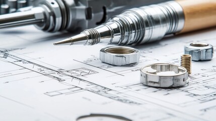 Poster - Mechanical parts, gears, and technical blueprints neatly arranged on an industrial workstation.