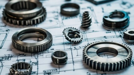 Poster - Metal gears and bearings laid out on a blueprint, representing the core of mechanical engineering.