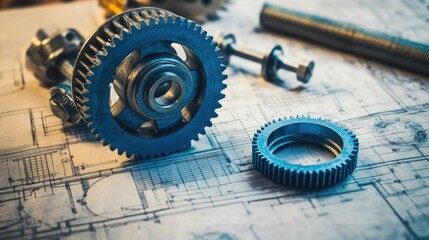 Poster - Metal gears and bearings laid out on a blueprint, representing the core of mechanical engineering.