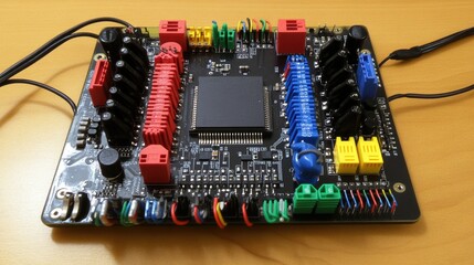 Poster - Microcontroller board with jumper wires and sensors connected for an electrical engineering project.