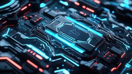Poster - Modern processor chip with blue glowing lines representing high-speed data processing.