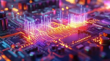 Poster - Quantum computing circuit board with futuristic energy waves flowing through it.