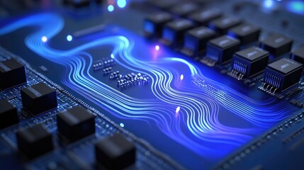 Poster - Quantum computing circuit board with futuristic energy waves flowing through it.