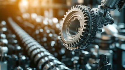 Poster - Robotic arm holding a precision-machined mechanical part in an automated assembly plant.