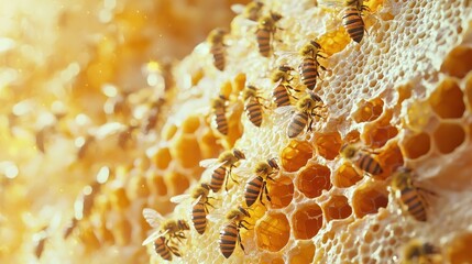 Fototapete - Lifelike 3D rendering of an active beehive, featuring buzzing bees, golden honey storage, and the complete cycle of bee metamorphosis.