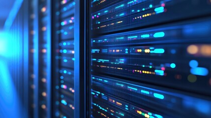 Poster - Server rack with blinking LED lights, representing modern data processing centers.