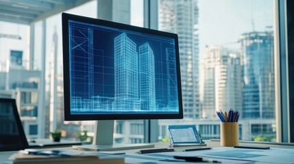 Poster - Structural analysis of a high-rise building on a digital screen, with drafting tools placed on the table.