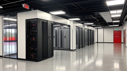 Poster - Supercomputer server room with high-powered cooling systems and LED status displays.