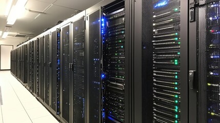 Poster - Supercomputer server room with high-powered cooling systems and LED status displays.