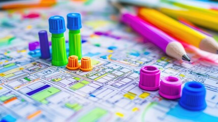 Poster - Urban planning map with zoning details, highlighters, and measuring tools on a desk.