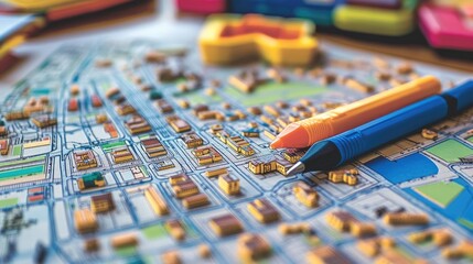 Poster - Urban planning map with zoning details, highlighters, and measuring tools on a desk.