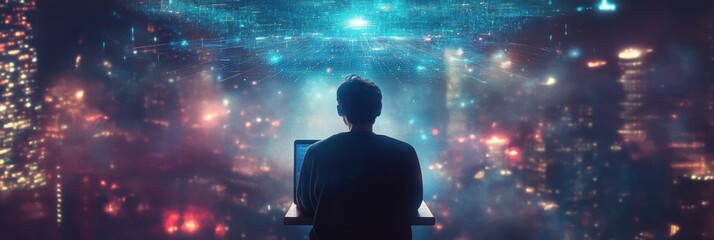 Leinwandbilder - Engaging in virtual learning with AI assistance at night in a vibrant city setting