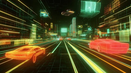 Poster - Futuristic virtual cityscape with neon lights and flying cars in the metaverse