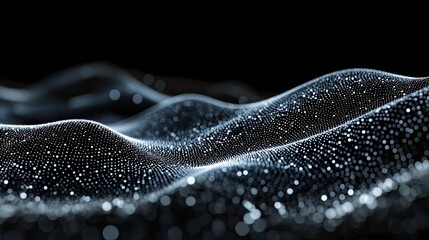 Poster - Dynamic flowing particles forming a wave of digital dots, isolated on black, perfect for banners