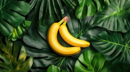 Leinwandbilder - Bright yellow bananas surrounded by vibrant tropical leaves in natural light showcasing organic beauty and harmony in nature