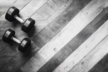 Poster - Minimalist black and white dumbbells on a textured wooden floor highlighting diagonal lines and negative space in a fitness setting