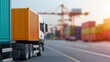 © เด็กชาย นุ่มนิ่ม - automated efficiency productivity monitoring concept. Truck loaded with a shipping container on a busy port road.
