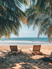 Aufkleber - Relaxation on a serene beach with sun loungers and gentle waves under palm trees
