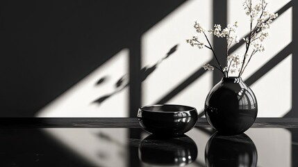 Poster - Glossy black reflective surface with soft overhead lighting and delicate product shadows