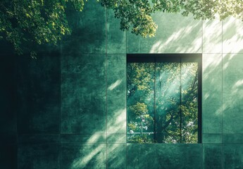 Poster - Serene Urban Reflection of Nature in Modern Architecture with Greenery Framing a Window and Soft Sunlight Illuminating the Exterior Wall