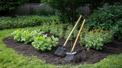 Poster - Gardening tools beside young plants in a well tended garden bed with lush greenery