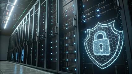 Poster - server room featuring a security shield on the wall emphasizing cybersecurity and data protection me
