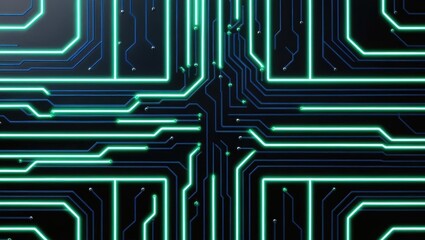 Poster - futuristic circuit board design featuring bright green lights against a dark and seamless background