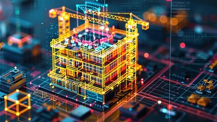 Poster - digital representation of building under construction with glowing lines and cranes showcasing moder