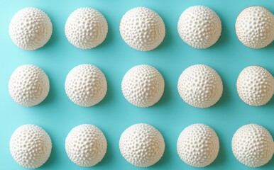 Poster - Textured White Spheres Arranged in a Symmetrical Pattern on a Bright Aqua Background Showcasing Modern Design and Aesthetic Appeal