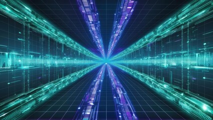 Poster - futuristic cityscape with neon lights and holographic data streams in a vibrant seamless pattern