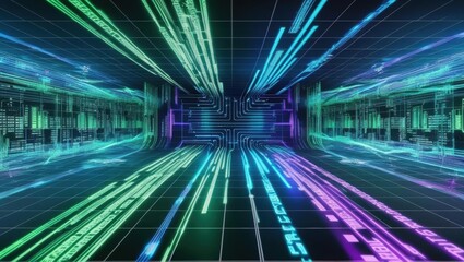 Poster - neon lights illuminating a futuristic city with holographic data streams in a seamless modern design