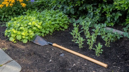 Poster - Gardening tools resting beside a garden bed with young plants during a sunny day in the backyard