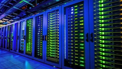 Poster - Illuminated Server Racks in Modern Data Center Highlight Advanced Technology and Infrastructure with Vibrant Lights, Efficiency, and Power