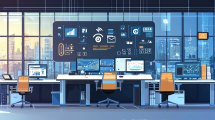 Poster - A modern office workspace featuring multiple screens, analytical data displays, and large windows showcasing a cityscape at sunset.