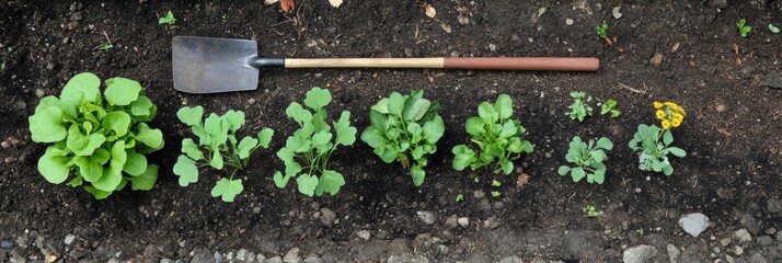 Poster - Garden tools and young plants in a well tended garden bed, creating a peaceful outdoor gardening atmosphere