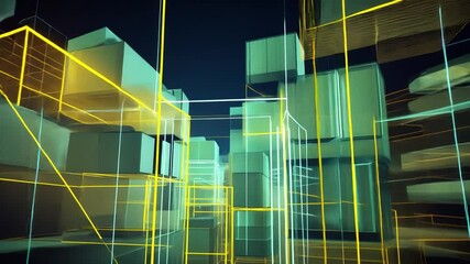 Poster - futuristic abstract digital art translucent cubes and glowing lines in green and yellow hues creatin