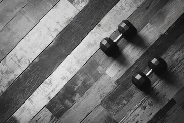 Poster - Minimalist black and white dumbbells on textured wooden floor with negative space and diagonal lines highlighting fitness aesthetic