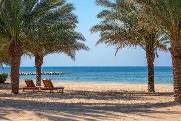 Fototapete - Relaxing beach landscape with sun loungers under palm trees and gentle waves on a calm sea