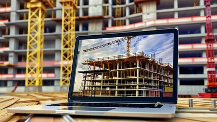 Poster - modern construction site integration laptop displaying building framework, cranes, and scaffolding o