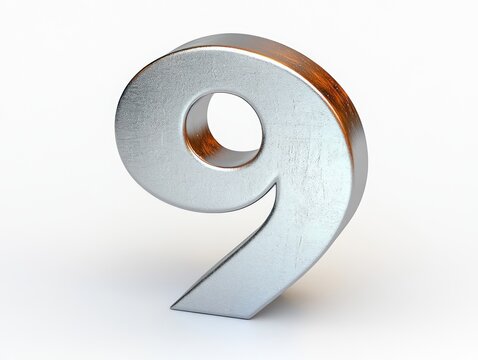 Metallic number nine 3D render minimalist design steel figure smooth surface bright object isolated on white background
