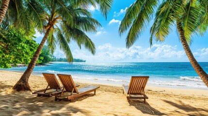 Aufkleber - Relaxation by the serene beach with sun loungers and palm trees on a warm sunny day