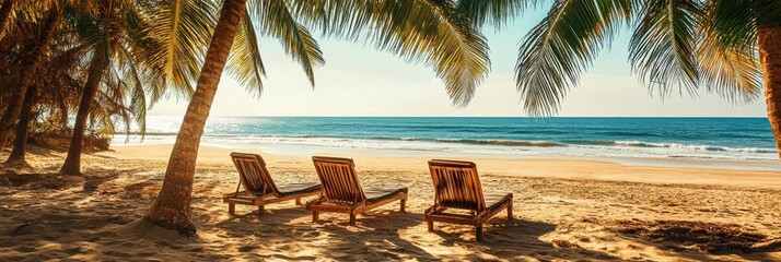 Aufkleber - Relaxation awaits at a tranquil beach with sun loungers and gentle waves under swaying palm trees