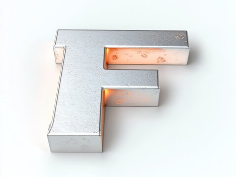 Minimalist 3D Metal Letter F Sculpture Hyper-Realistic Soft Light White Background