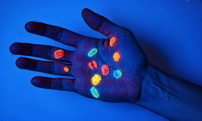Wall Mural - a hand illuminated under blue light, holding colorful glowing objects resembling small crystals.