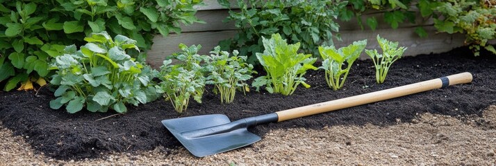 Poster - Young plants thrive in a well tended garden bed with tools resting nearby for easy access and maintenance