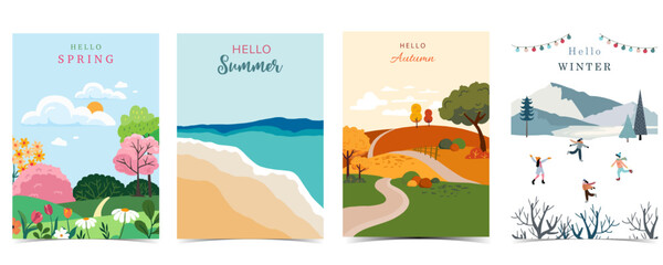 Wall Mural - four season holiday landscape background with mountain and tree for a4 vertical design