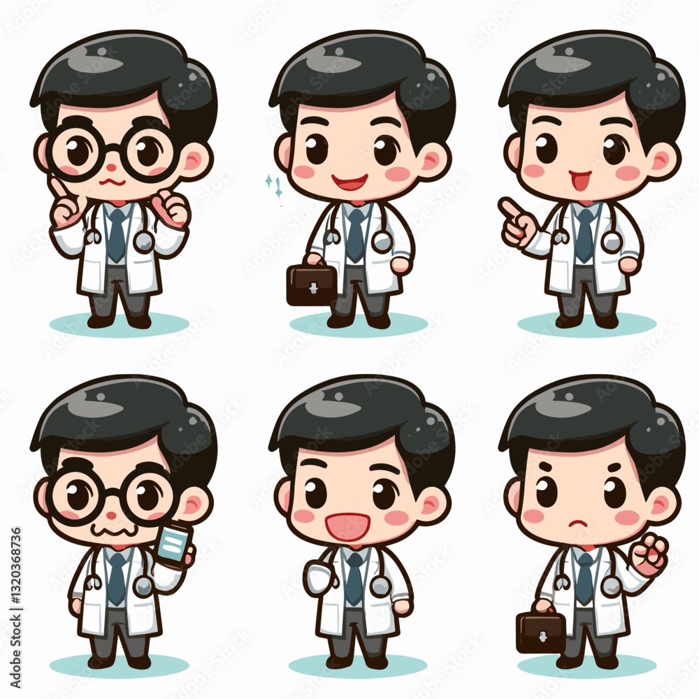 Collection of charming cartoon doctor characters in various poses and ...