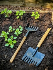 Aufkleber - Gardening tools resting beside young plants in a well tended garden bed during bright daylight hours