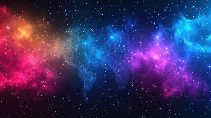 colorful space nebula with world map